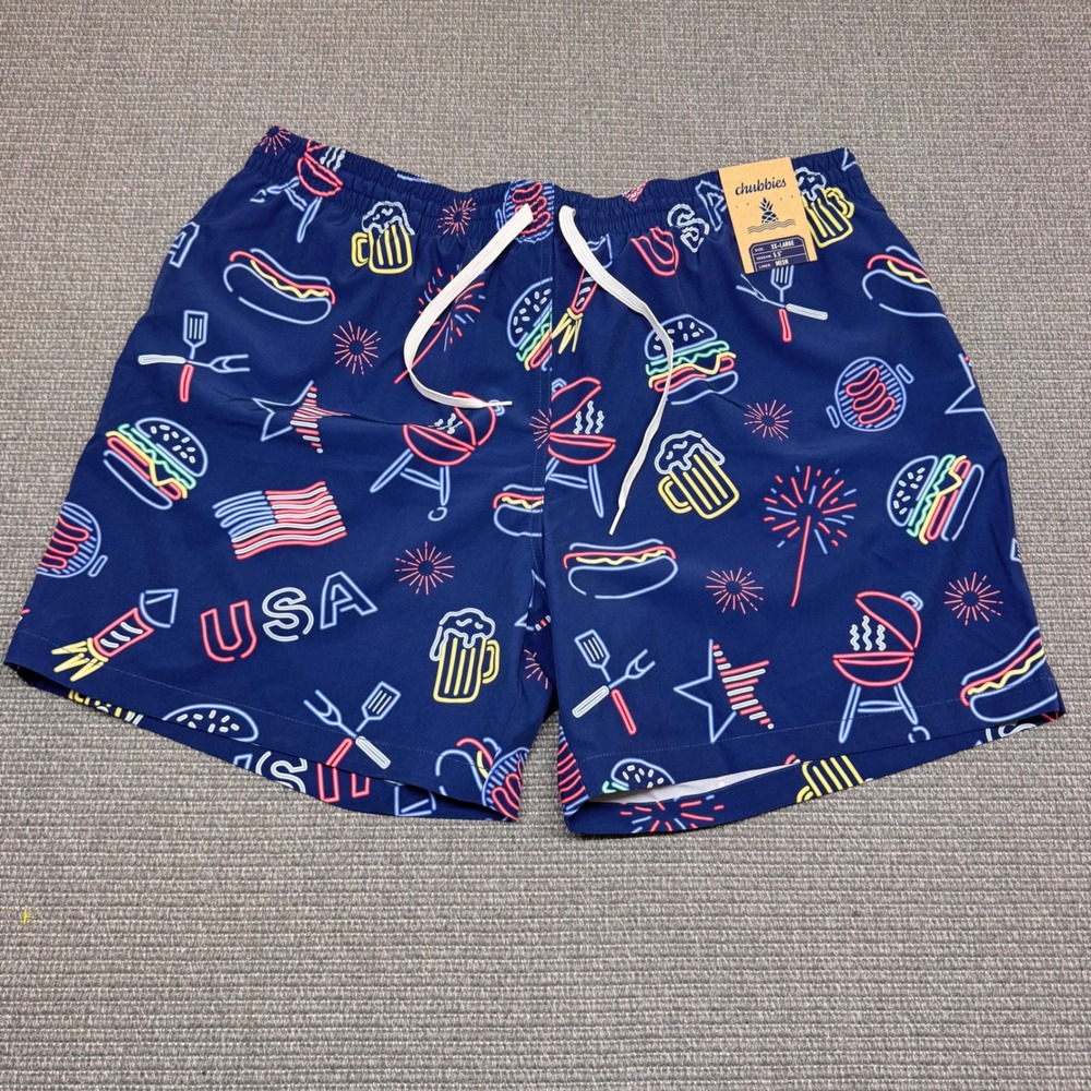 Chubbies Mens XXL Swim Trunks Navy Neon BBQ USA Print 5.5 Inseam NWT